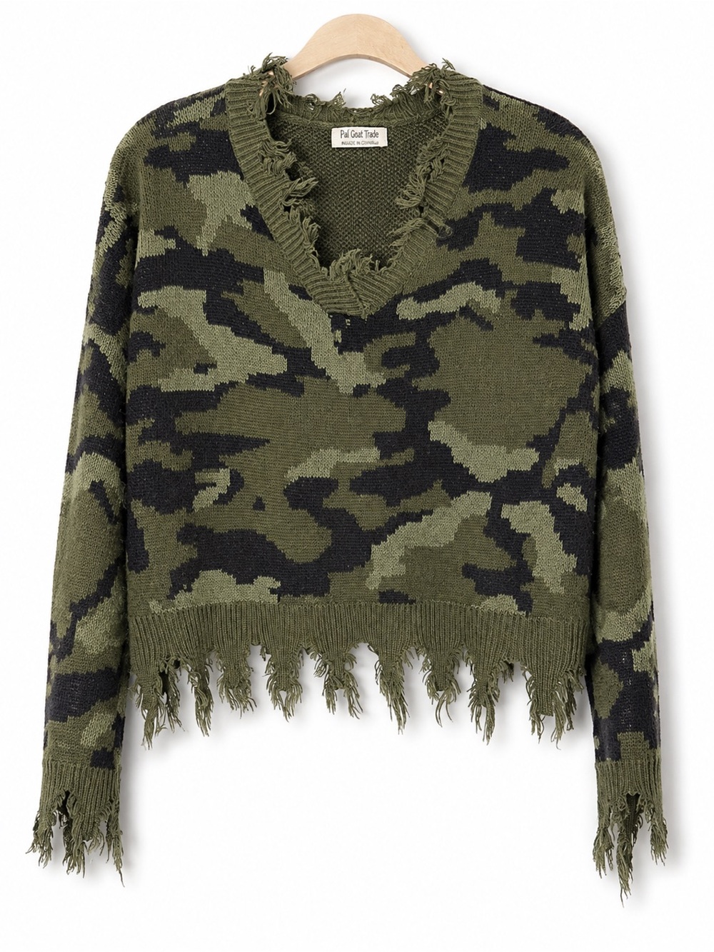 Frayed V-Neck Camo Sweater - Olive